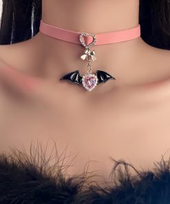 Dark Lolita Choker Necklace with Demon Wings Pendant, Personalized Sweet and Cool Clavicle Chain for Halloween and Y2K Style