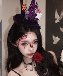 Dark Lolita Magic Witch Hat Headband with Pumpkin and Ghost Accents - Halloween Hairpin Accessory for Spooky Style