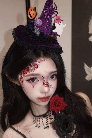 Dark Lolita Magic Witch Hat Headband with Pumpkin and Ghost Accents - Halloween Hairpin Accessory for Spooky Style