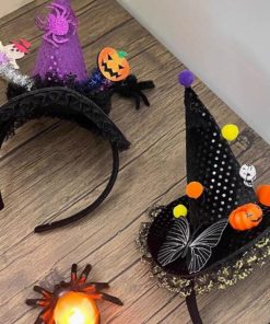 Dark Lolita Magic Witch Hat Headband with Pumpkin and Ghost Accents - Halloween Hairpin Accessory for Spooky Style