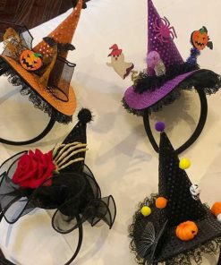 Dark Lolita Magic Witch Hat Headband with Pumpkin and Ghost Accents - Halloween Hairpin Accessory for Spooky Style