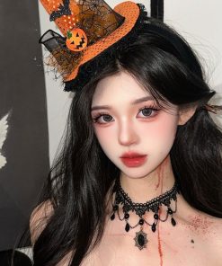 Dark Lolita Magic Witch Hat Headband with Pumpkin and Ghost Accents - Halloween Hairpin Accessory for Spooky Style