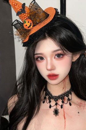 Dark Lolita Magic Witch Hat Headband with Pumpkin and Ghost Accents - Halloween Hairpin Accessory for Spooky Style