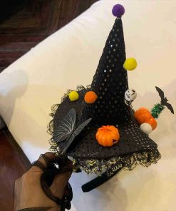 Dark Lolita Magic Witch Hat Headband with Pumpkin and Ghost Accents - Halloween Hairpin Accessory for Spooky Style