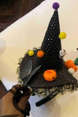 Dark Lolita Magic Witch Hat Headband with Pumpkin and Ghost Accents - Halloween Hairpin Accessory for Spooky Style