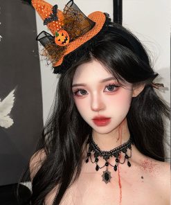 Dark Lolita Magic Witch Hat Headband with Pumpkin and Ghost Accents - Halloween Hairpin Accessory for Spooky Style