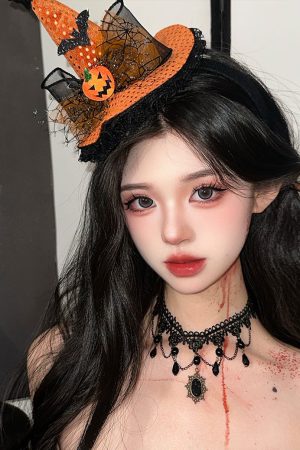 Dark Lolita Magic Witch Hat Headband with Pumpkin and Ghost Accents - Halloween Hairpin Accessory for Spooky Style
