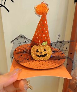 Dark Lolita Magic Witch Hat Headband with Pumpkin and Ghost Accents - Halloween Hairpin Accessory for Spooky Style