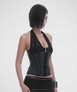 Dark Night Motorcycle Style Zipper Halter Top - Waist-Adjustable Slim Fit Sexy Versatile Tank for Y2K and 90s Fashion
