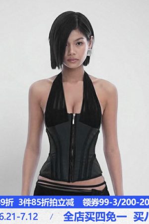 Dark Night Motorcycle Style Zipper Halter Top - Waist-Adjustable Slim Fit Sexy Versatile Tank for Y2K and 90s Fashion