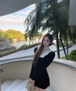 Dark Night Rose High-End Lace Splicing Dress for Spring/Summer - Elegant Lady Style Short Dress, Perfect for 90s & Y2K Fashion