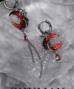 Dark Red Crescent Moon Earrings, Asymmetrical Tassel Ear Clips, Unique Light Luxury Ear Pendants, Chic Accessories