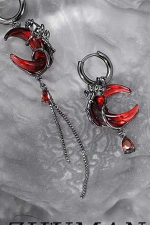 Dark Red Crescent Moon Earrings, Asymmetrical Tassel Ear Clips, Unique Light Luxury Ear Pendants, Chic Accessories