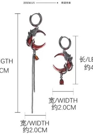 Dark Red Crescent Moon Earrings, Asymmetrical Tassel Ear Clips, Unique Light Luxury Ear Pendants, Chic Accessories
