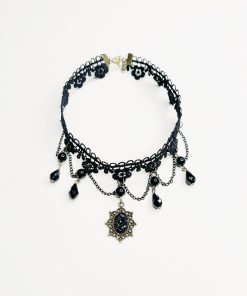 Dark Retro Halloween Choker Necklace with Black Pendant, Lace Trim, and Tassels for Women - Gothic Y2K Style Accessory