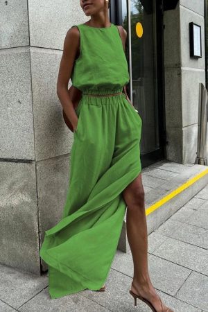 Date Tops Outfit Ideas, Cool Clothes Ideas - Linen Top & Pants Two Piece Set