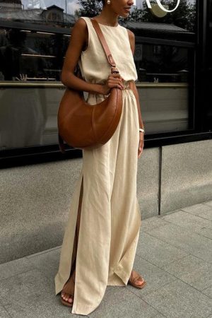 Date Tops Outfit Ideas, Cool Clothes Ideas - Linen Top & Pants Two Piece Set