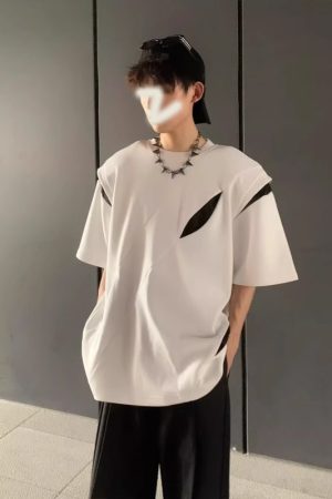 Deconstructed American Style Split Shoulder Short-Sleeve T-Shirt for Men - Trendy Summer Heavy Design Round Neck Tee