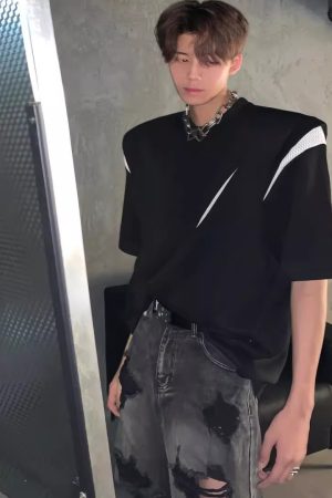Deconstructed American Style Split Shoulder Short-Sleeve T-Shirt for Men - Trendy Summer Heavy Design Round Neck Tee
