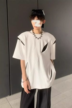 Deconstructed American Style Split Shoulder Short-Sleeve T-Shirt for Men - Trendy Summer Heavy Design Round Neck Tee