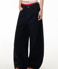 Deconstructed American-Style Wide-Leg Jeans for Women - Retro Loose Fit Curved Blade Design