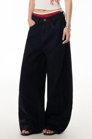 Deconstructed American-Style Wide-Leg Jeans for Women - Retro Loose Fit Curved Blade Design
