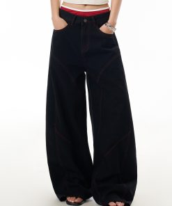 Deconstructed American-Style Wide-Leg Jeans for Women - Retro Loose Fit Curved Blade Design