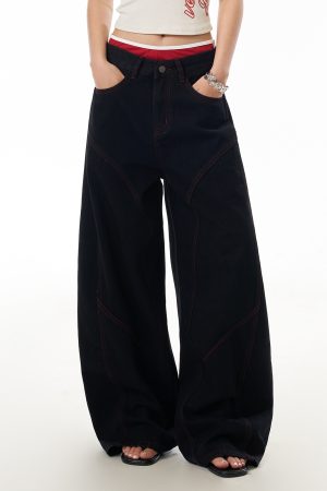 Deconstructed American-Style Wide-Leg Jeans for Women - Retro Loose Fit Curved Blade Design
