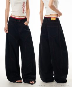 Deconstructed American-Style Wide-Leg Jeans for Women - Retro Loose Fit Curved Blade Design