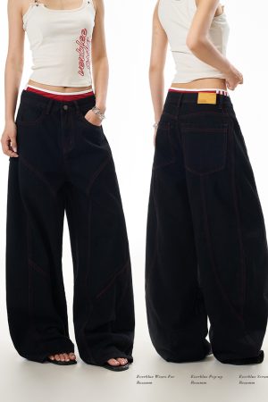 Deconstructed American-Style Wide-Leg Jeans for Women - Retro Loose Fit Curved Blade Design