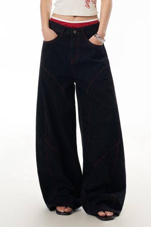 Deconstructed American-Style Wide-Leg Jeans for Women - Retro Loose Fit Curved Blade Design