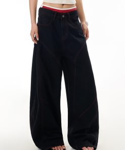 Deconstructed American-Style Wide-Leg Jeans for Women - Retro Loose Fit Curved Blade Design