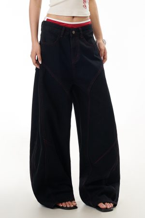 Deconstructed American-Style Wide-Leg Jeans for Women - Retro Loose Fit Curved Blade Design
