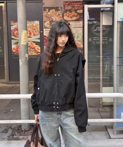 Deconstructed American Vintage Hooded Jacket for Women - Short High Street Style, Spring & Autumn Fashion Top