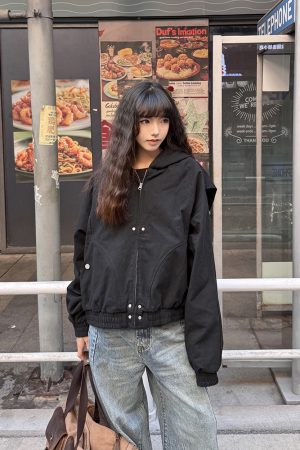Deconstructed American Vintage Hooded Jacket for Women - Short High Street Style, Spring & Autumn Fashion Top