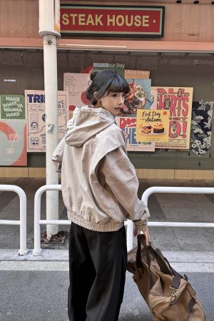 Deconstructed American Vintage Hooded Jacket for Women - Short High Street Style, Spring & Autumn Fashion Top