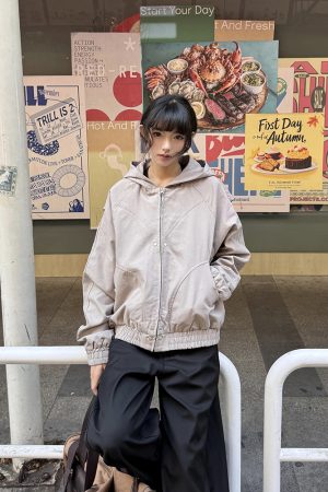 Deconstructed American Vintage Hooded Jacket for Women - Short High Street Style, Spring & Autumn Fashion Top