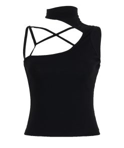 Deconstructed Black Sleeveless Vest - Hollow Basic Crop Top for Summer 2025, Functional Waist-Cinching American Street Style