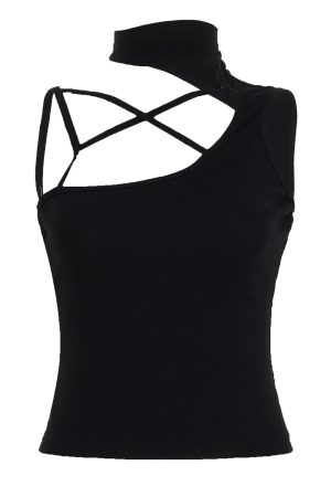 Deconstructed Black Sleeveless Vest - Hollow Basic Crop Top for Summer 2025, Functional Waist-Cinching American Street Style