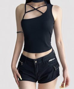 Deconstructed Black Sleeveless Vest - Hollow Basic Crop Top for Summer 2025, Functional Waist-Cinching American Street Style