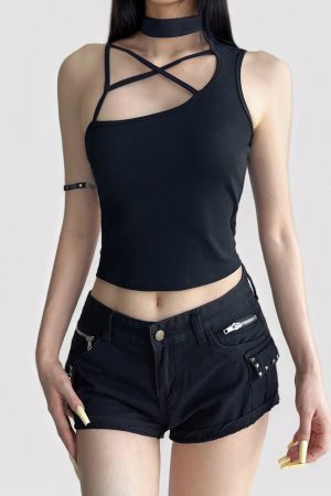 Deconstructed Black Sleeveless Vest - Hollow Basic Crop Top for Summer 2025, Functional Waist-Cinching American Street Style