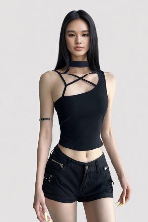 Deconstructed Black Sleeveless Vest - Hollow Basic Crop Top for Summer 2025, Functional Waist-Cinching American Street Style