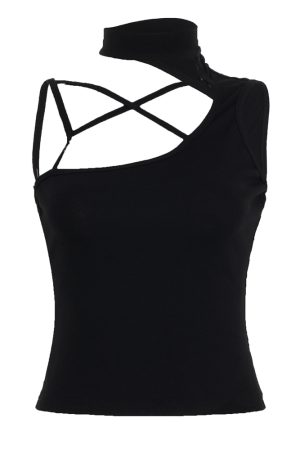Deconstructed Black Sleeveless Vest - Hollow Basic Crop Top for Summer 2025, Functional Waist-Cinching American Street Style