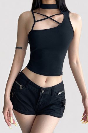 Deconstructed Black Sleeveless Vest - Hollow Basic Crop Top for Summer 2025, Functional Waist-Cinching American Street Style