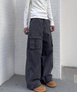 Deconstructed Multi-Pocket American Retro Work Pants for Men and Women, Loose Straight Vintage Casual Trousers with Drape