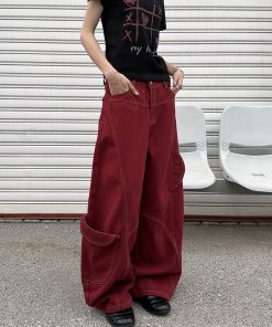 Deconstructed Red Work Pants for Women, Loose Draped American Retro Wide-Leg Denim Trousers, Y2K Style
