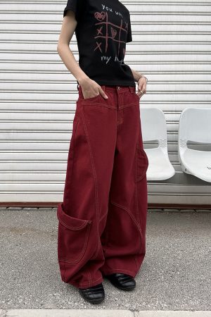 Deconstructed Red Work Pants for Women, Loose Draped American Retro Wide-Leg Denim Trousers, Y2K Style