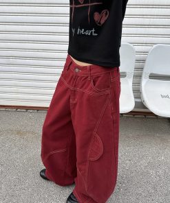 Deconstructed Red Work Pants for Women, Loose Draped American Retro Wide-Leg Denim Trousers, Y2K Style