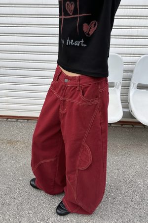 Deconstructed Red Work Pants for Women, Loose Draped American Retro Wide-Leg Denim Trousers, Y2K Style