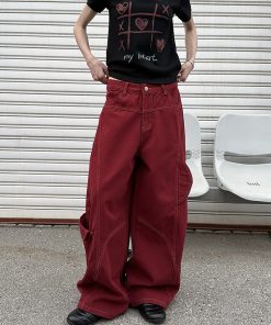 Deconstructed Red Work Pants for Women, Loose Draped American Retro Wide-Leg Denim Trousers, Y2K Style